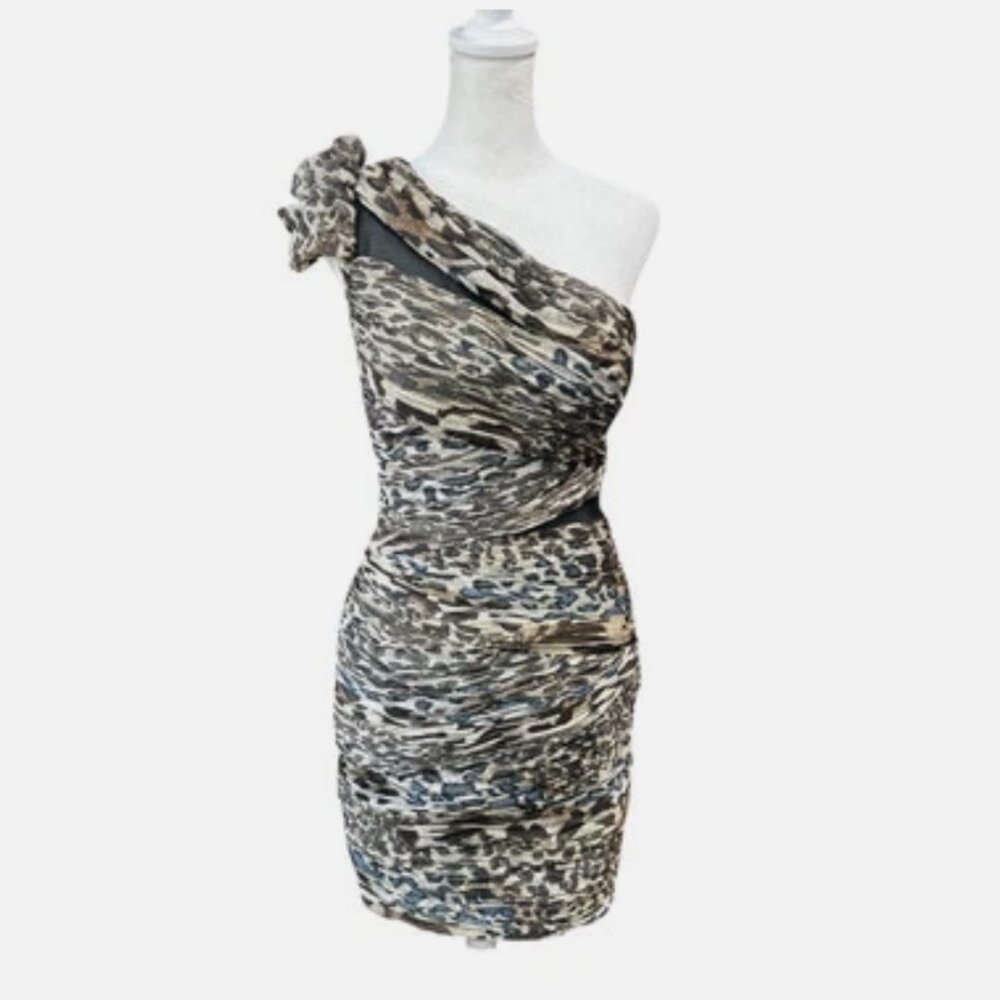 Cache Leopard Print One Shoulder Party Dress Mesh… - image 1